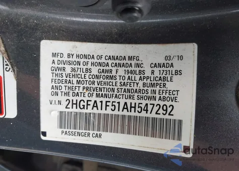 2010 Honda Civic Lx из США, поврежденный, VIN 2HGFA1F51AH547292